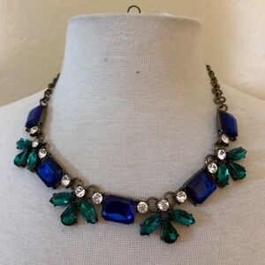 Emerald Green & Royal Blue Crystal Statement Necklace Bronze Tone